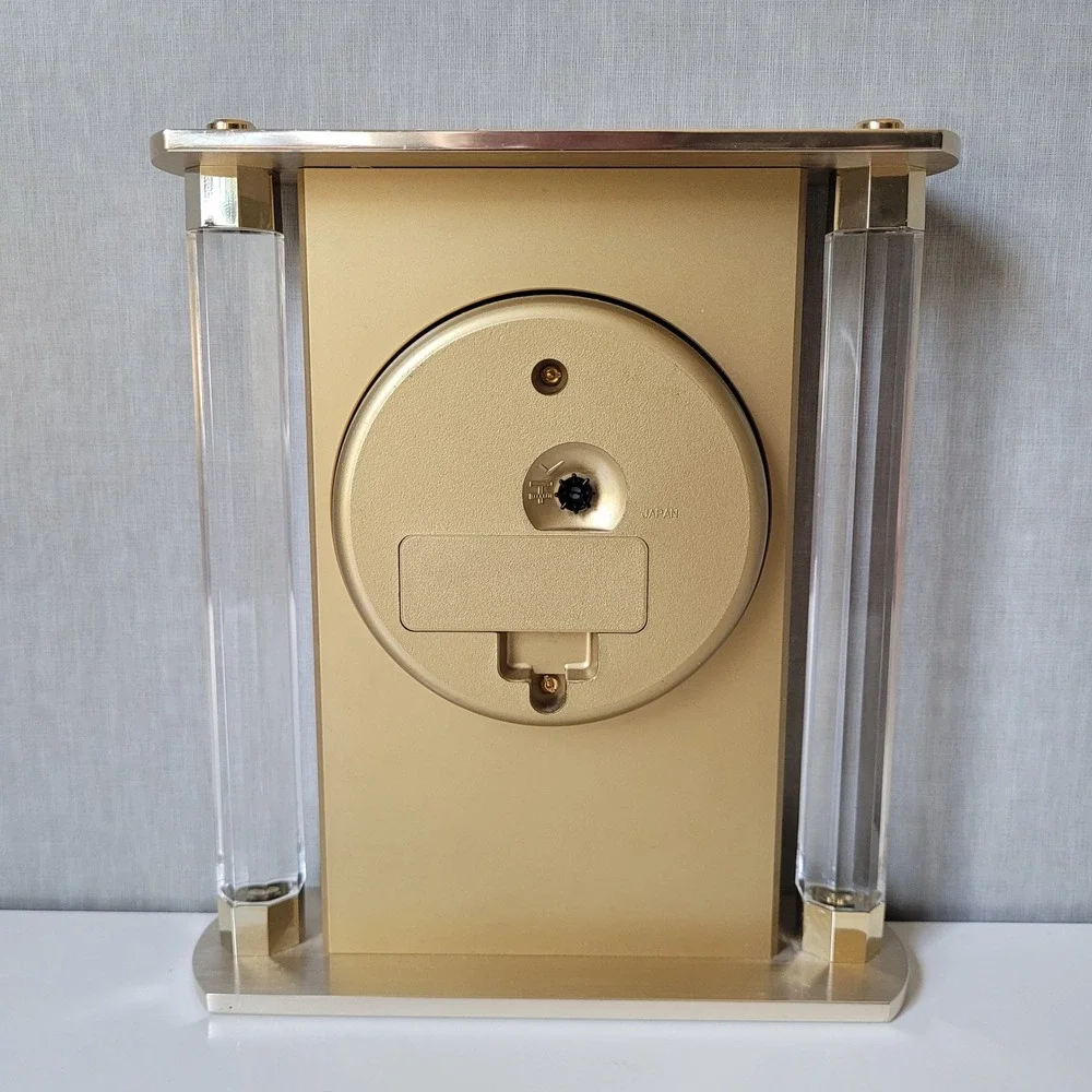 Vintage Seiko Quartz Desk Clock Lucite Pillars Gold Tone Mantel Clock MCM Japan